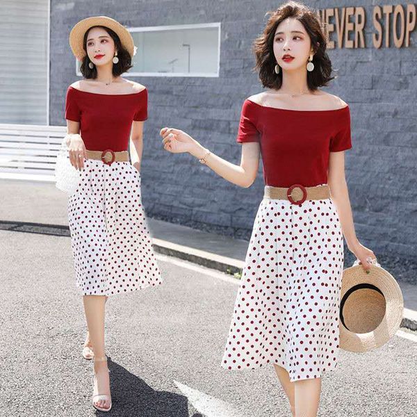 

with belt women summer slash neck crop tees blouse and polka dots printed knee length skirts suits clothing sets ns1009, White;black