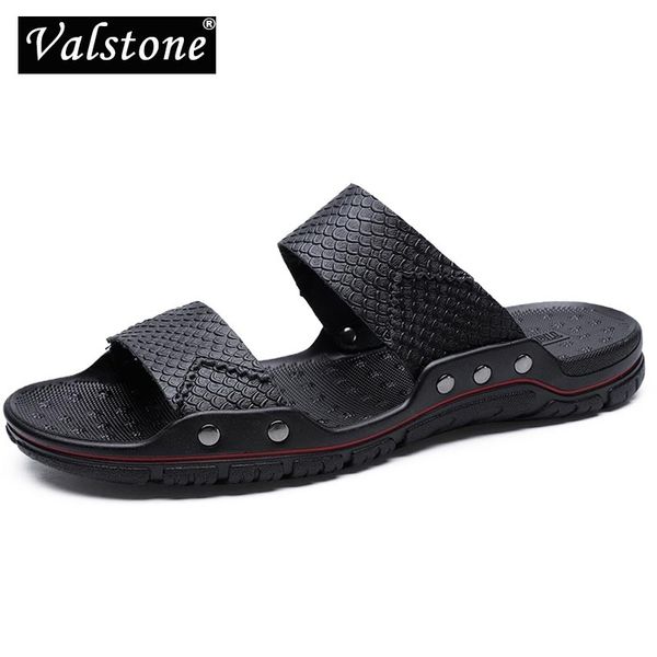 

valstone 2020 men's leather slippers summer casual flats male sandals outdoor breathable lightweight beach men's shoes plus size, Black
