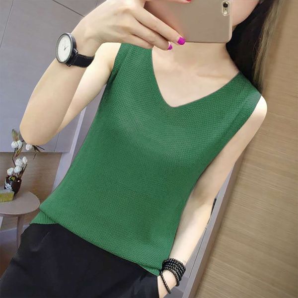 

2020 summer korean style new women's loose outer wear ice silk knitted women's vest vest solid color camisole, White