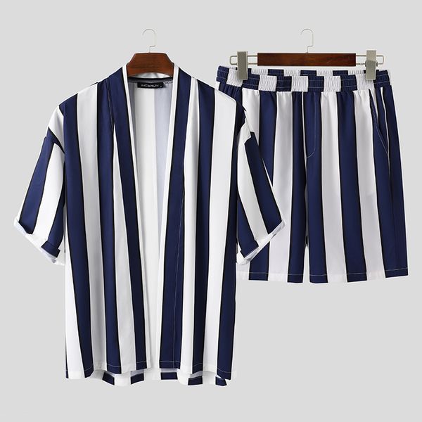 

incerun summer men полосатый наборы streetwear сыпучие открыть стежка с коротким рукавом рубашки моды шорты пляж дышащий вскользь мужские на, Gray