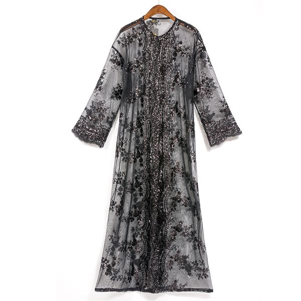 

plus size long kimono cardigan mujer 2019 abaya muslim women floral sequin blouse mesh lace cardigan roupas feminina clothing