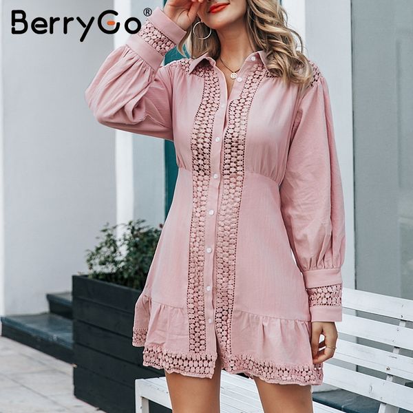 

berrygo elegant women lace cotton dress long sleeve hollow out ruffle autumn short dresses buttons office ladies winter vestidos, Black;gray