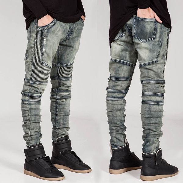 

brand men straight slim fit biker jeans pants pleated retro denim trousers jeans men denim skinny biker homme plus size 42, Blue