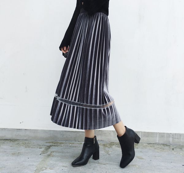 

saia longa limited solid maxi skirt woman velvet skirt 2020 korean version autumn and winter new splicing high waist mid-length, Black