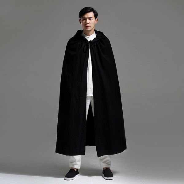 

ethnic style men's loose cloak windbreaker extended men's cloak coat ramie breathable comfortable windbreaker for men, Tan;black