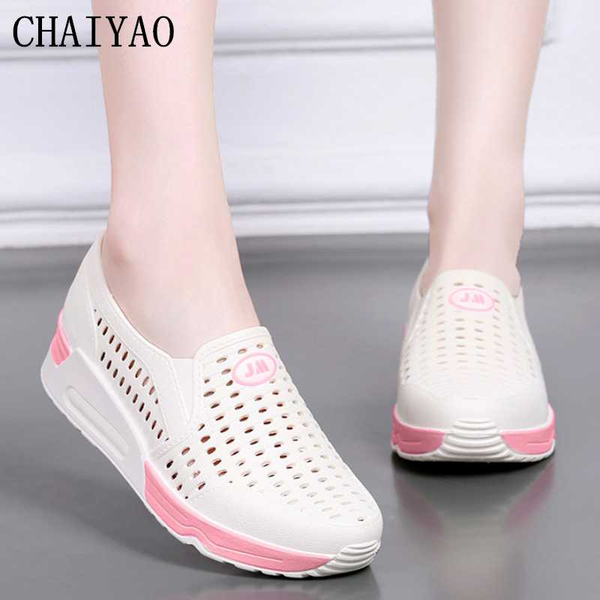 

waterproof women's sandals summer pvc injection mesh soft sole femmes sandals beach slip through height increasing women shoes, Black