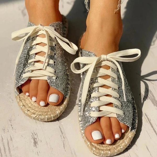 

2020 women slippers flat slides espadrille lace up ladies sequine white cloth straw female fashion summer casual shoes, Black