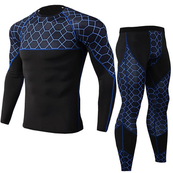 

mens sport running set compression t-shirt + pants skin-tight long sleeves fitness training clothes gym yoga suits leggings, Black;blue