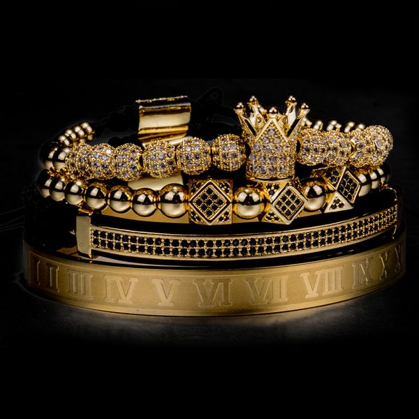 

4pcs/set classical handmade braiding bracelet gold men 6mm cz beads crown roman numeral stainless steel bracelet luxury jewelry, Black