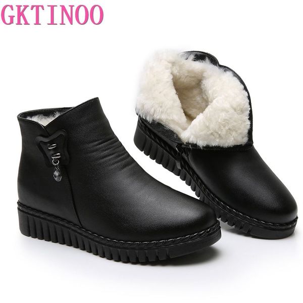 

gktinoo 2020 women snow boots winter flat heels ankle boots women warm platform shoes leather thick fur booties, Black