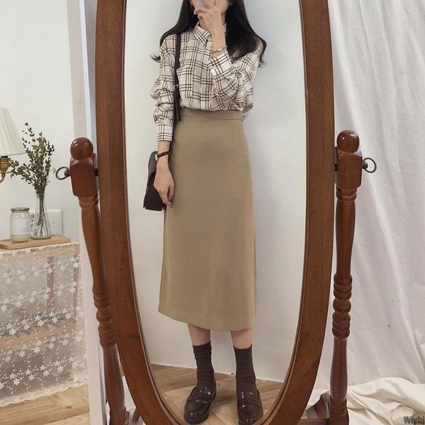 

new solid color black brown mid-calf female skirt retro spring and summer straight skirt long ladies high waist girl
