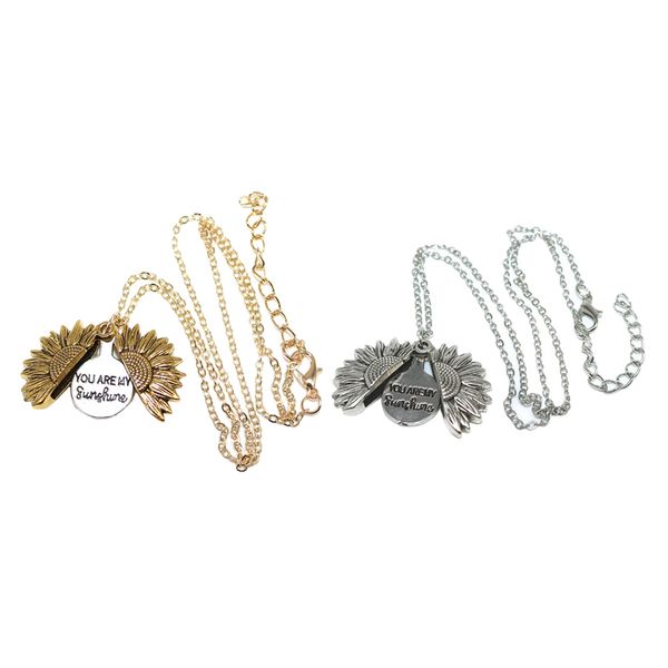 

2pcs open locket necklace engraved you are my sunshine sunflower, Silver