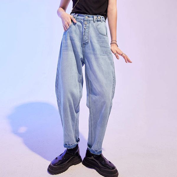 

blue solid high waist washed casual women denim jeans 2020 autumn pure korean female daily basic harem trousers