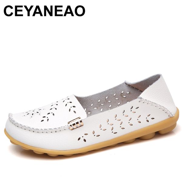 

ceyaneaowoman fashion genuine leather shoes woman loafers slip-on casual flats moccasins ladies shoe cut-outs mother footwear, Black