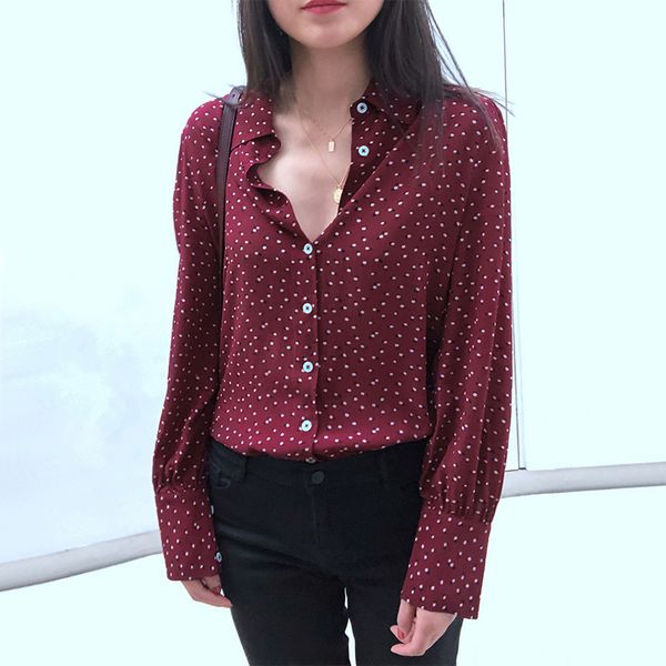 

new women polka dot print blouse long sleeve vintage top, White