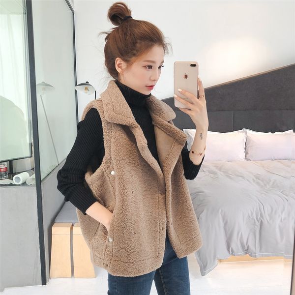 

2019 korean style large lapel lamb fur women's plush vest vest sleeveless waistcoat, Black;white