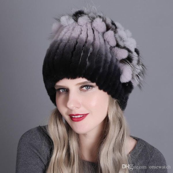 

women designer hats europe and the united states warm fashion thick wool hats rex rabbit fur hat knitted with side caps, Blue;gray