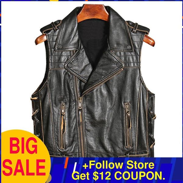 

men's vests 2021 vintage black biker's style genuine leather vest men plus size 4xl real cowhide spring slim fit short motorcycle, Black;white