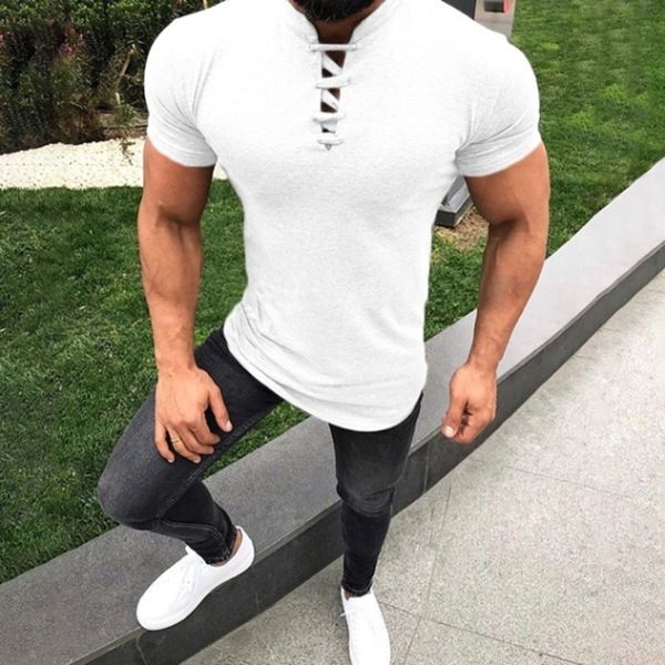 

new european and american popular summer solid color men's slim fit short sleeve pullover with rope keyhole men's t-shirt, White;black