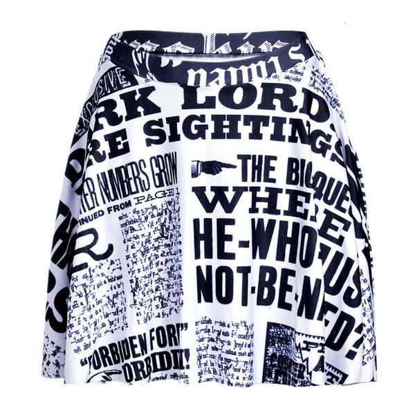 

summer style fashion plus size women skirt polyester popular digital print newspaper above the knee skirts drop shipping, Black