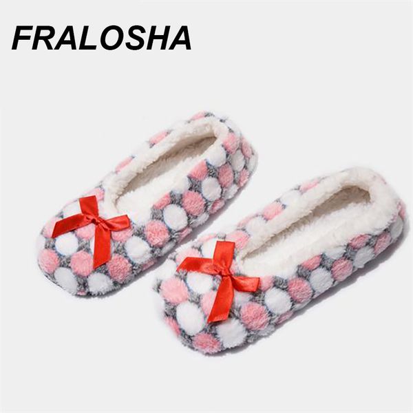 

fralosha warm at home woman slippers cotton shoes plush female floor shoes non-slip indoor bow tie dots woman home slipper, Black