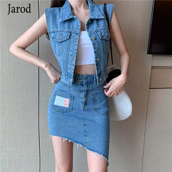 

2020 summer two piece set women fashion denim sleeveless vest coat + bodycon irregular skirts jeans women set, White