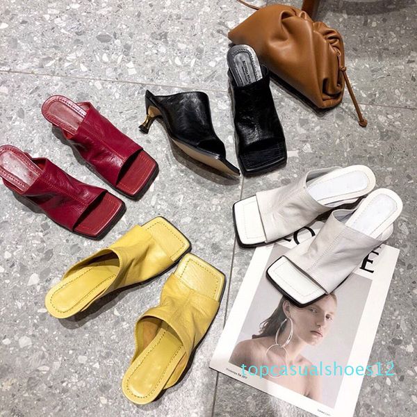 

luxury high heel sandals wrinkled sheepskin muller shoes women high heels thin heels leather sandals t12, Black