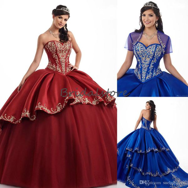 Princesa vermelho escuro Vestidos Quinceanera com Jackets Tie Up Voltar querido Real bordado azul vestido de baile Vestidos de baile 2020 do doce 16 Vestido