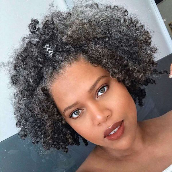 

fashion salt and pepper puff grey ponytails hair extension real hair shake and go gray kinky curly puff bun updo human hair ponytail, Black