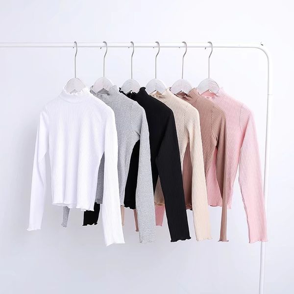 

stand collar long sleeve crop t-shirts women rib knit lettuce edge crop bardot woman slim short t shirt top, White
