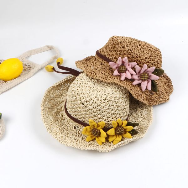 

девушки summer straw hat детские подсолнечное большой брим тропический шлем море пляж hat дети маленький daisy тропический шлем, Yellow