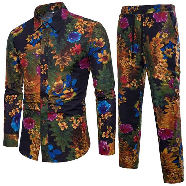 

breasted shirts lace up trousers male tracksuits mens floral shirt suit long sleeve lapel neck single, Gray