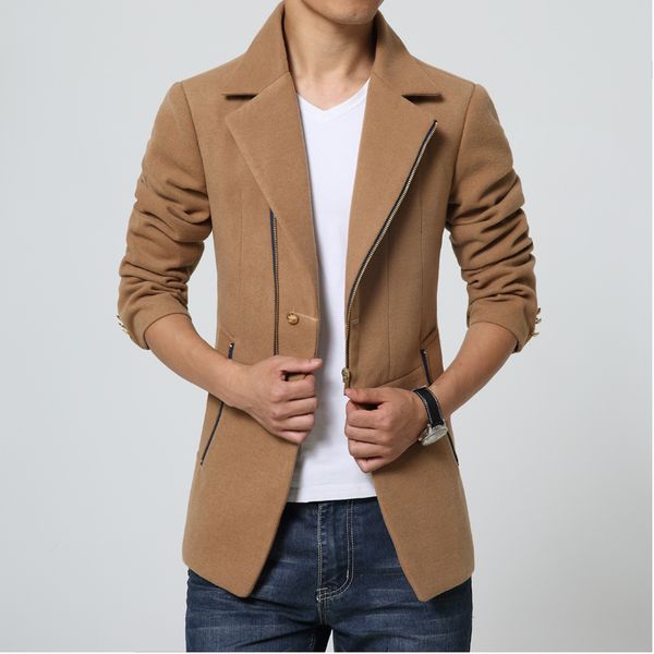 

men trench coat korean fashion blue overcoat short thick fall winter fitted pea coat slim 3xl 2020 male clothing, Tan;black