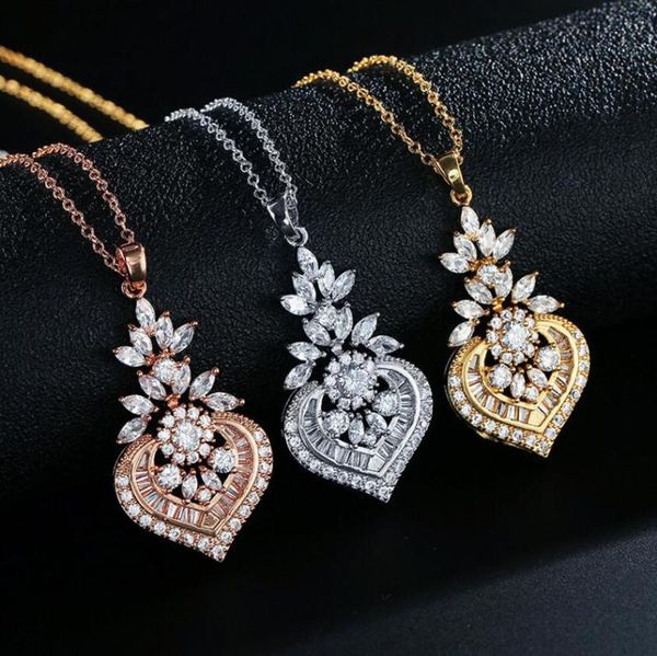 

rose gold color heart flower cubic zirconia pendant necklace chain for women vintage exquisite gift jewelry np0770, Silver