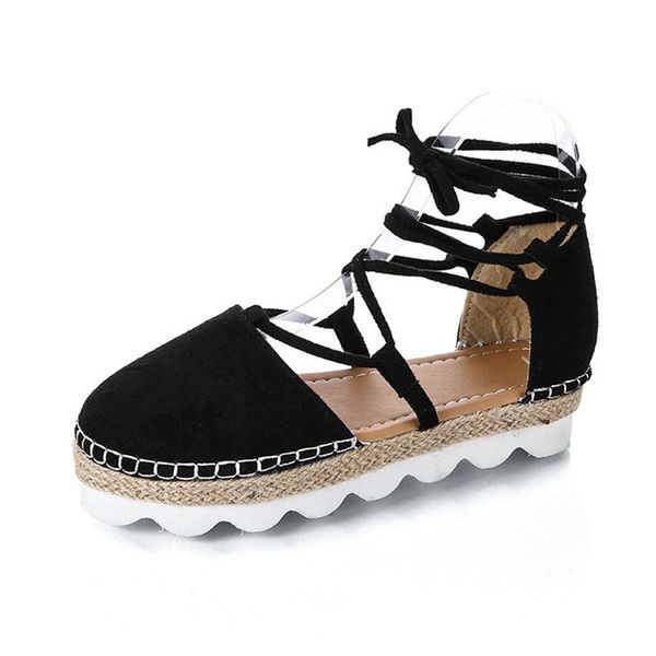

style sandals women 2020 new cross strap is bottom thick flat with woven rope in baotou for women's shoes, Black