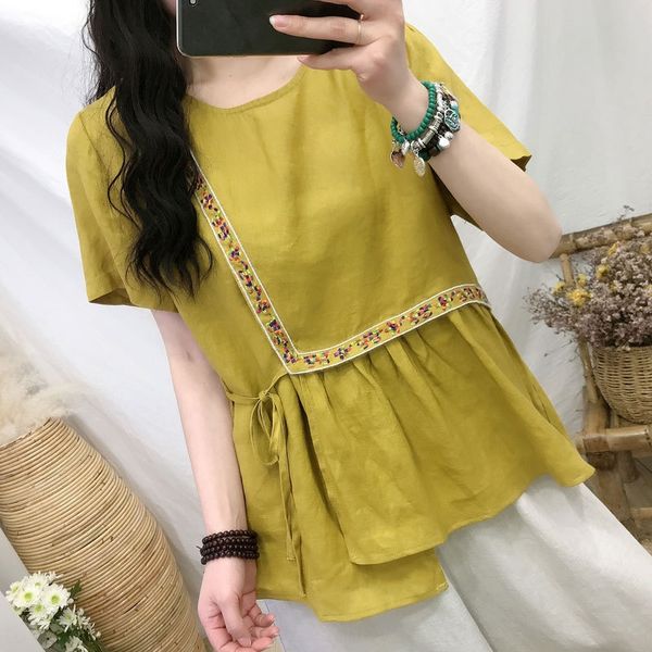 

taxrd qi yi draw 2020 ramie summer solid color ethnic style hemming embroidery short sleeve literary lace-up women's t-shirt embroidery, White