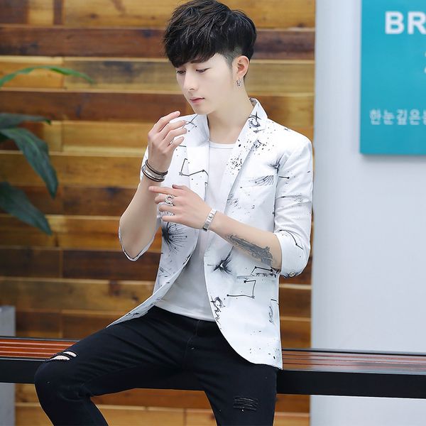 

2020 men summer slim fit half-sleeve shirt printed suit teenager england three-quarter-length sleeve thin suit, White;black