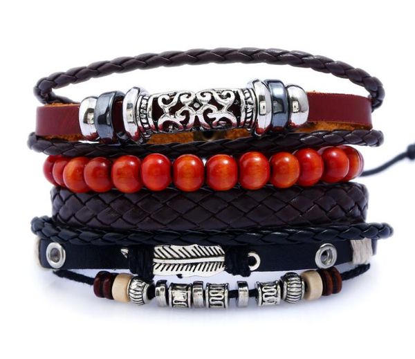 

2020 men's genuine leather bracelet diy retro wood bead leaves wax rope beading combination suit bracelet 4styles/1set, Black