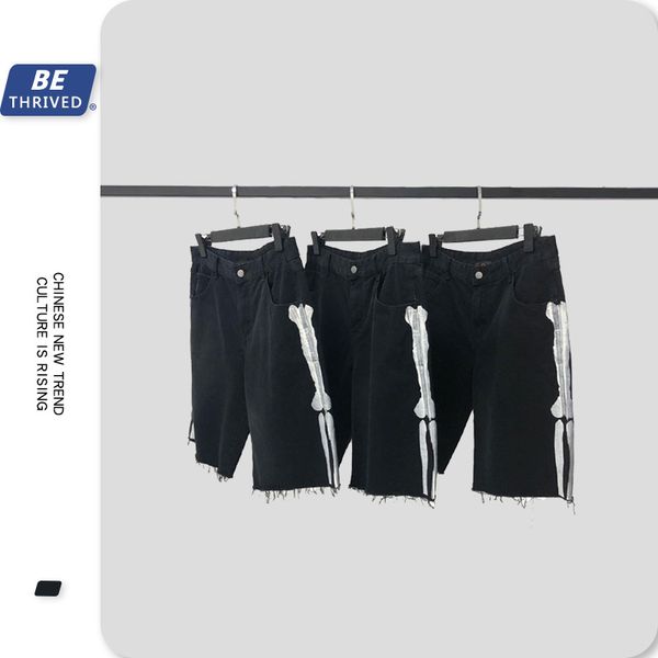 

uncledonjm men's denim shorts side skeleton distressed black jeans shorts summer knee length for male jeans b22, Blue