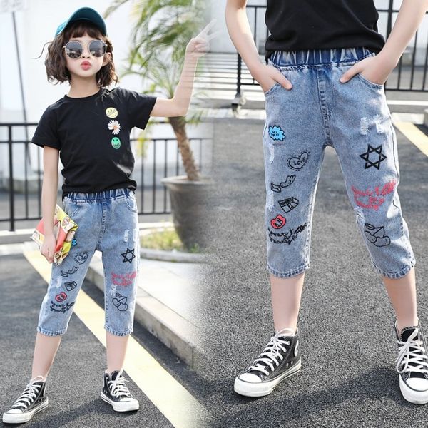 

девушки тонкая девушка capri лето 2020 и джинсы детские брюки джинсы новое летнее платье иностранный стиль детские брюки отверстие, Blue
