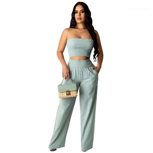 

designer womens two piece pants solid color pleasted wide leg high waist sets summer womens 2pcs tube suits, White