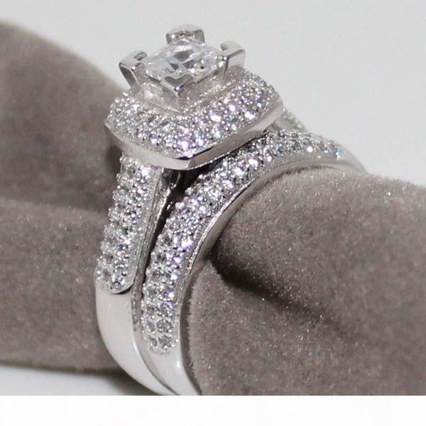 

f princess square zircon crystal wedding ring set for women vintage k white gold plated filled with inlay cz diamond party gift, Silver