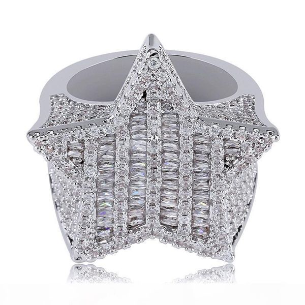 

18k золото белое золото mens новый bling фианитами pentagram хип-хоп кольцо парней полное алмазные iced out rapper ювелирные подарки для boy, Silver