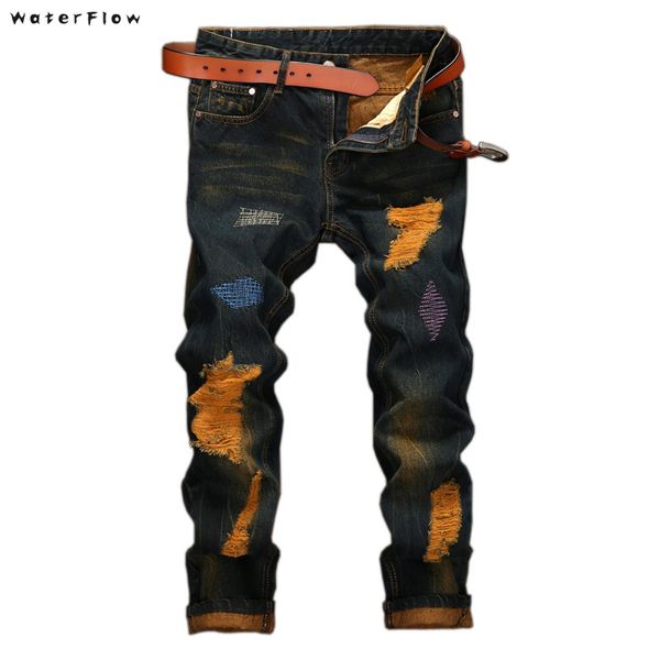 

hi street patchwork motorcycle denim trousers man patched moto jeans newsosoo fashion men's pleated biker jeans plus size 28-42, Blue