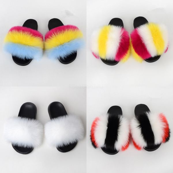 

slippers women fox fur furry shoes new outdoor summer wo sandals plush flip flops beach ffy slides luxury ladies 2020 cy200518#726, Black