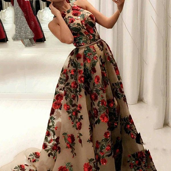 

new strapless embroidered sequin floral evening dress jewel neck split champagne formal prom evening gowns with detachable tr311l, Black;red