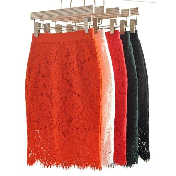 

plus size women tight high waist skirt lace office lady pencil solid knee-length slim fit all-in-one skirt elastic waist red, Black
