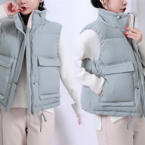 

winter women's vest 2020 solid color cotton vest jacket sleeveless jacket for women stand collar pocket thick loose warm coat, Black;white