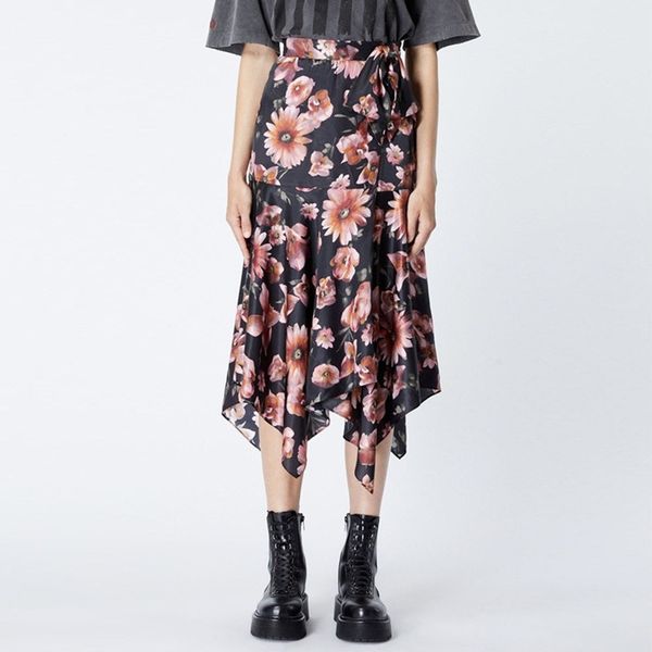 

floral printed womens midi skirt retro irregular high waist lace-up lady holiday long skirts 2020 new, Black