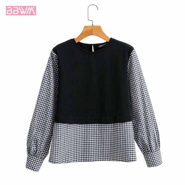 

korean casual stitching plaid round neck chic female sweater harajuku thin fake two-piece long-sleeved women's sweater, White;black